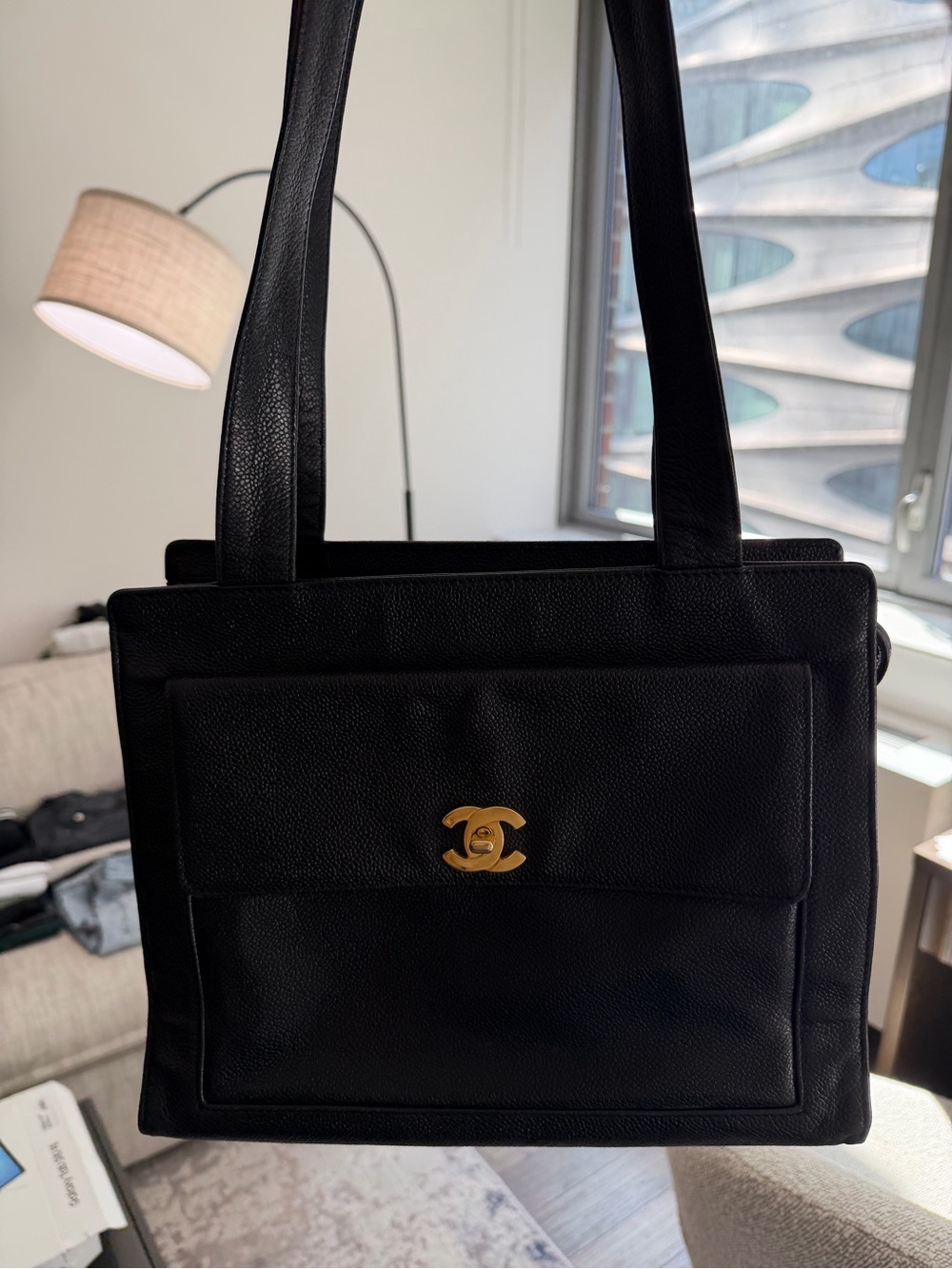 CHANEL Black Leather Shoulder Bag with Gold CC Hardware